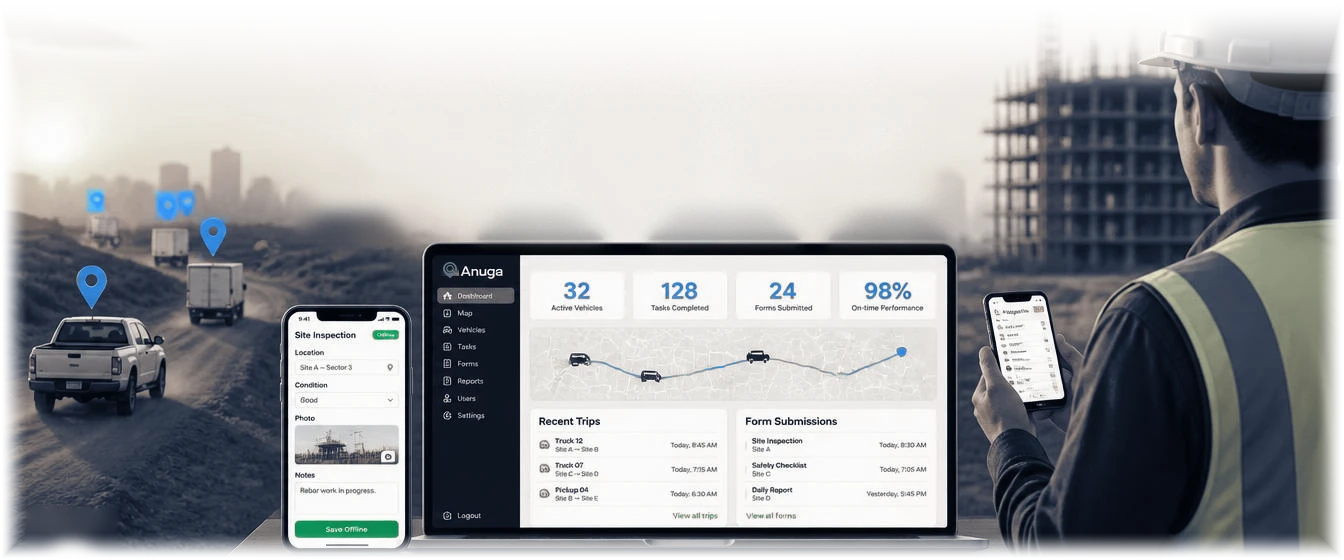 The Anuga dashboard showing active vehicles, completed tasks and submitted forms, with a live map of tracked vehicles, alongside the mobile app on a site inspection form.