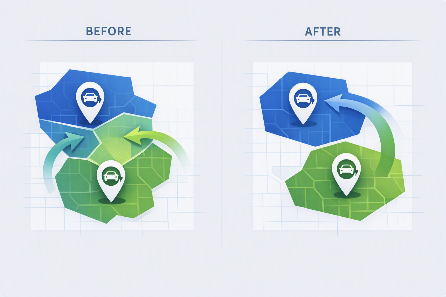 Before-and-after pincode territory reassignment showing how dealer catchments shift when a store is added